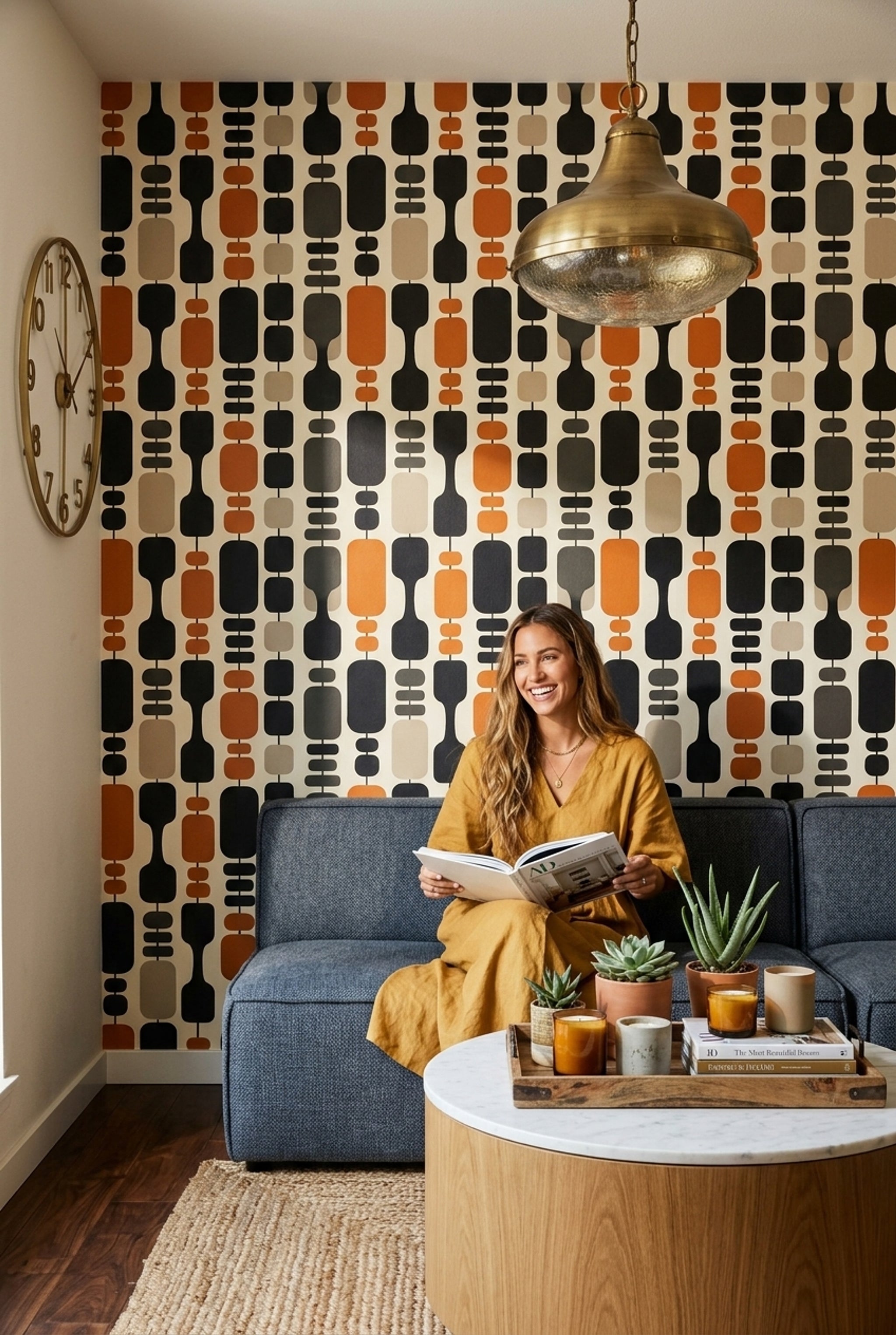 Retro Geometrik Duvar Kağıdı Turuncu Siyah Salon Deseni