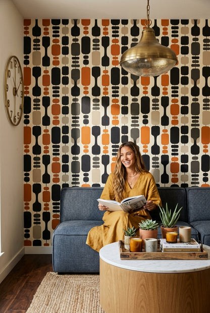 Retro Geometrik Duvar Kağıdı Turuncu Siyah Salon Deseni