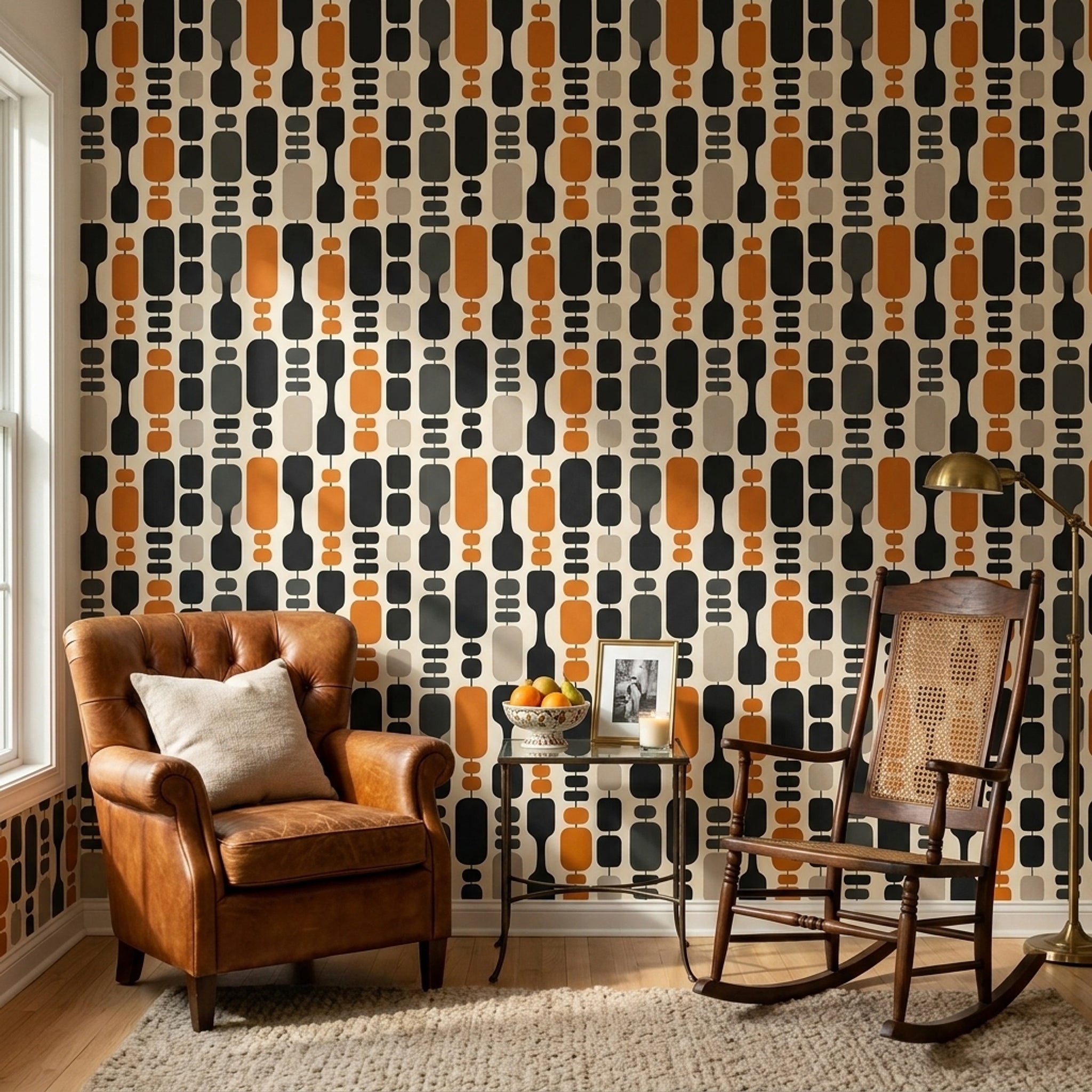 Retro Geometrik Duvar Kağıdı Turuncu Siyah Salon Deseni