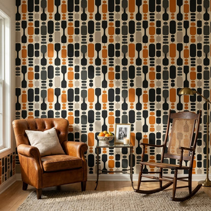 Retro Geometrik Duvar Kağıdı Turuncu Siyah Salon Deseni