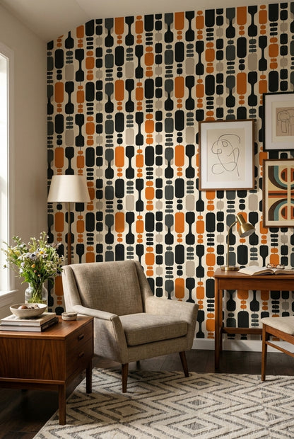 Retro Geometrik Duvar Kağıdı Turuncu Siyah Salon Deseni