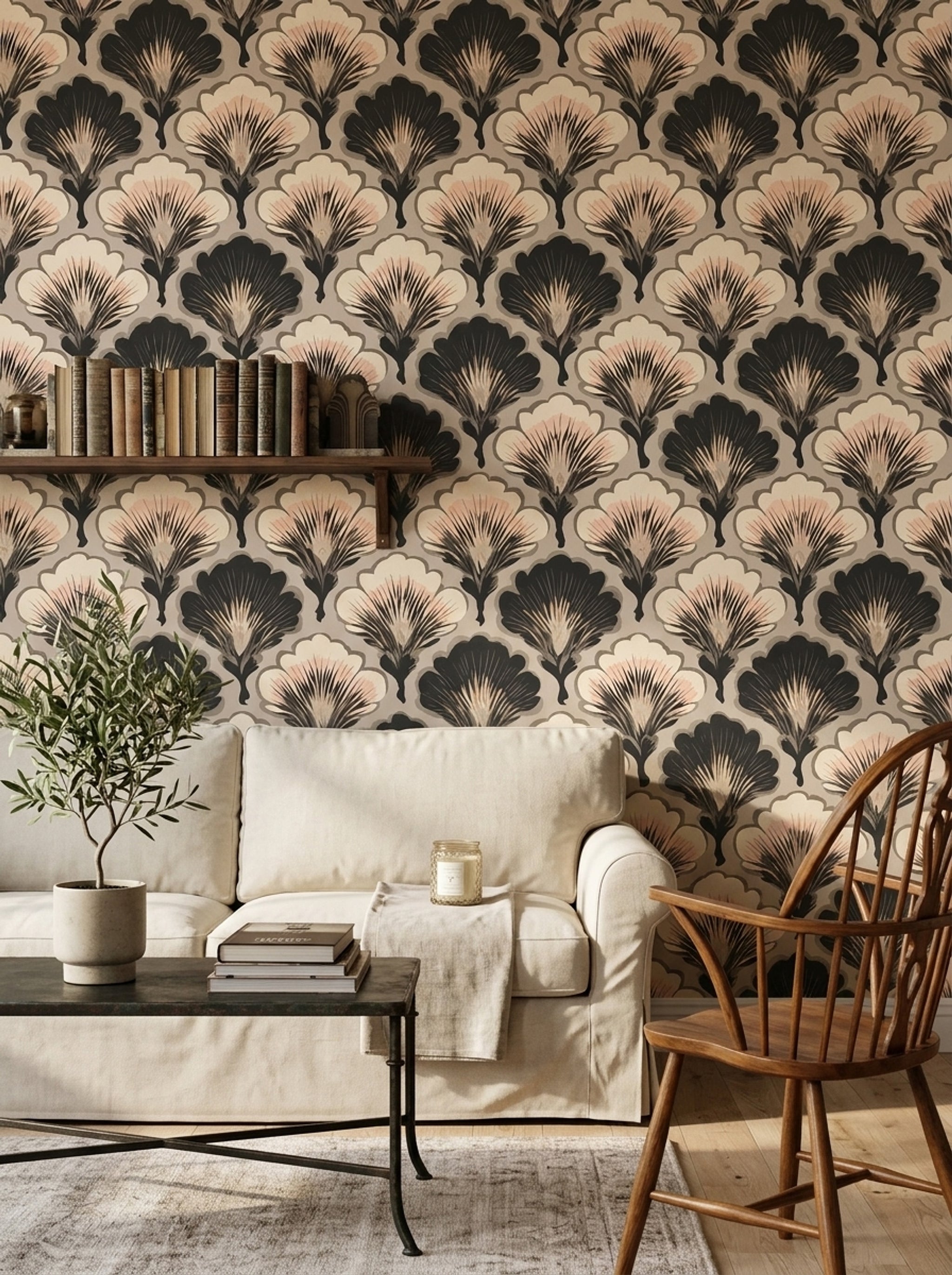 Art Deco Yelpaze Motifli Duvar Kağıdı Siyah Bej Salon