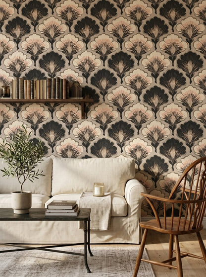 Art Deco Yelpaze Motifli Duvar Kağıdı Siyah Bej Salon