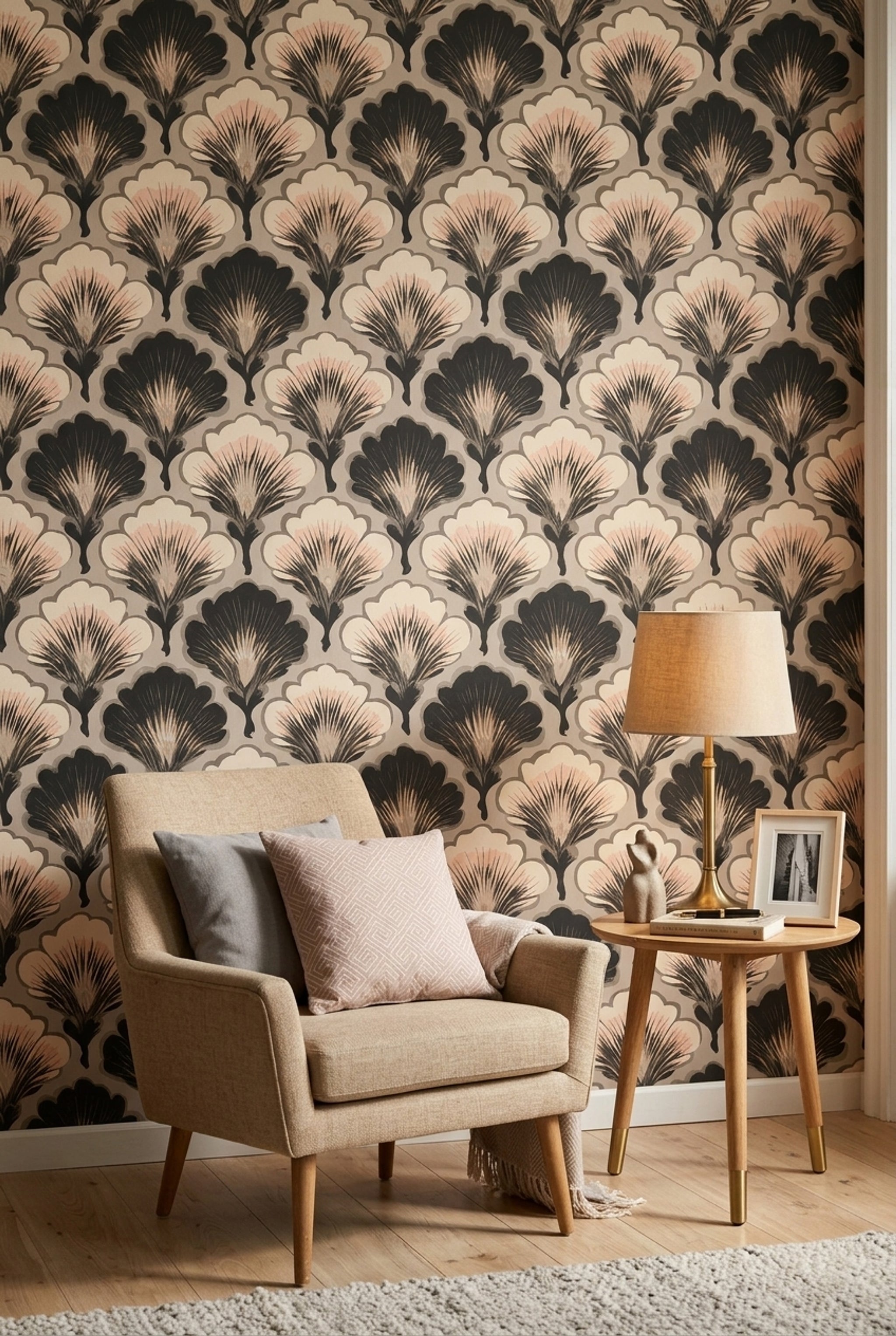 Art Deco Yelpaze Motifli Duvar Kağıdı Siyah Bej Salon