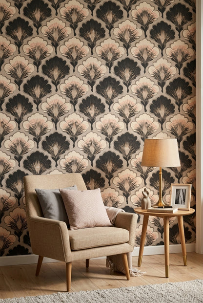 Art Deco Yelpaze Motifli Duvar Kağıdı Siyah Bej Salon