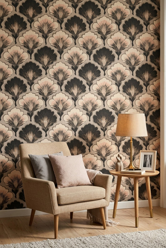 Art Deco Yelpaze Motifli Duvar Kağıdı Siyah Bej Salon