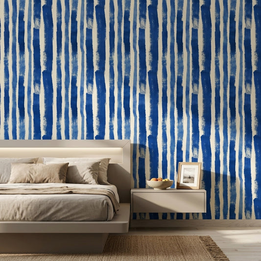 Mavi Beyaz Çizgili Duvar Kağıdı Modern Fırça Desenli