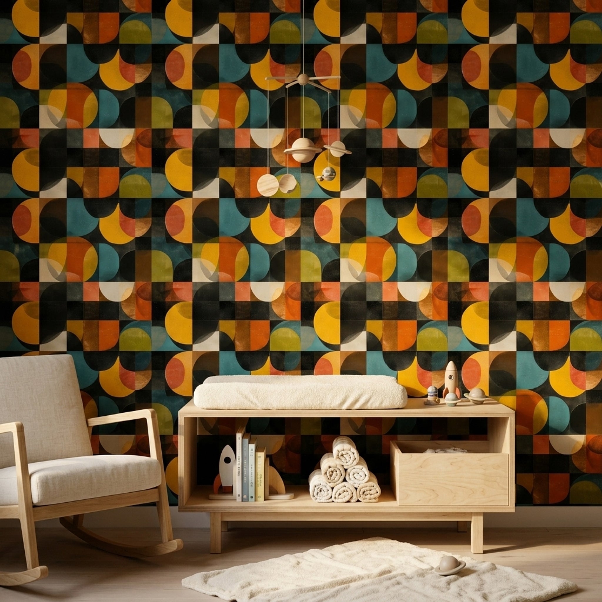 Retro Geometrik Duvar Kağıdı Renkli Yarım Daire Desenli Salon