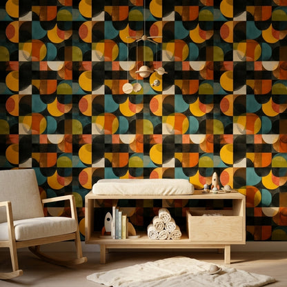 Retro Geometrik Duvar Kağıdı Renkli Yarım Daire Desenli Salon