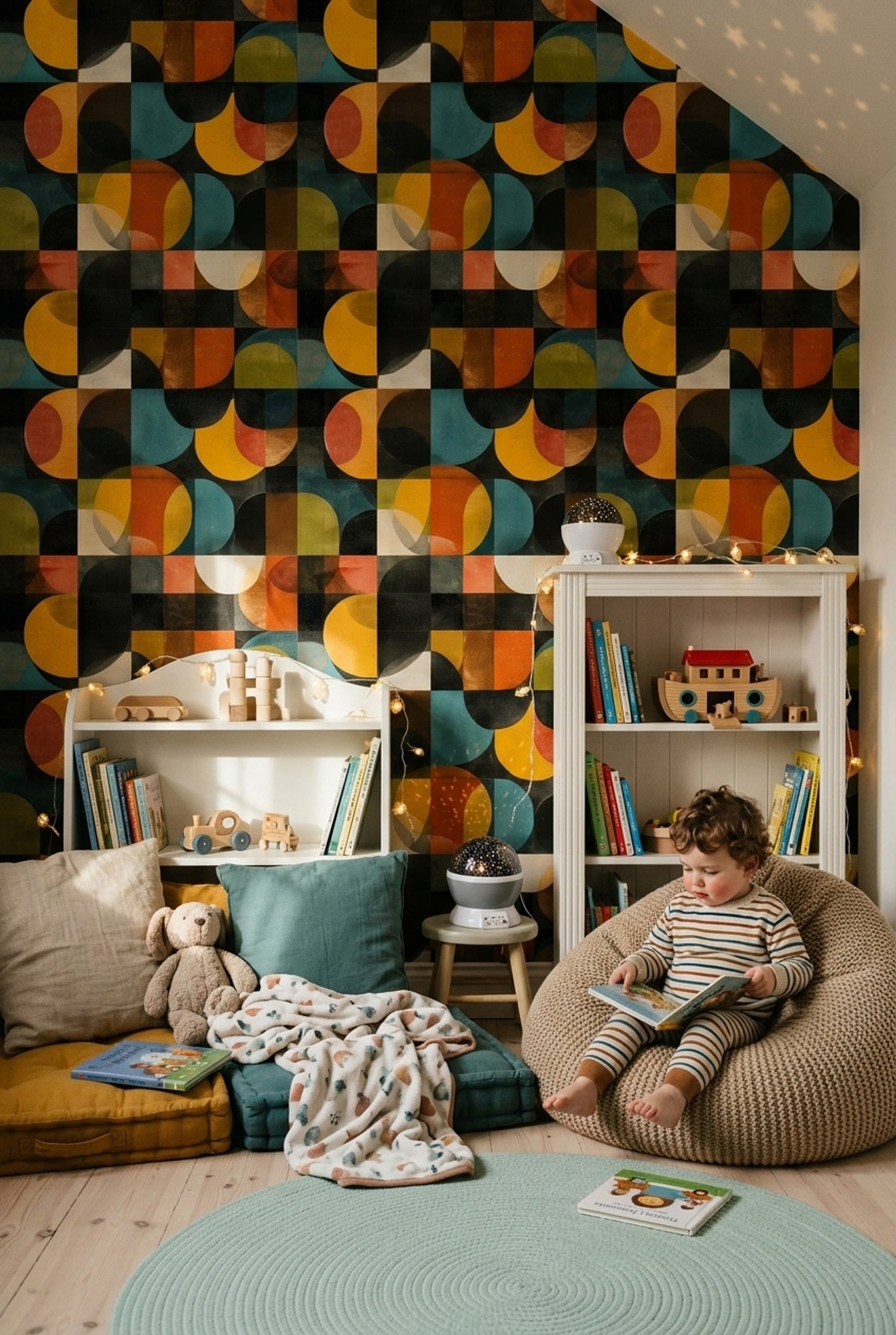 Retro Geometrik Duvar Kağıdı Renkli Yarım Daire Desenli Salon