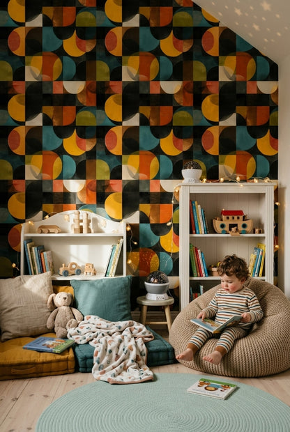 Retro Geometrik Duvar Kağıdı Renkli Yarım Daire Desenli Salon