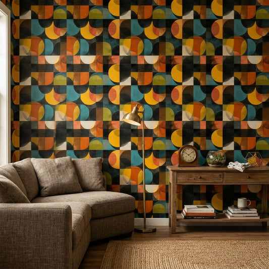 Retro Geometrik Duvar Kağıdı Renkli Yarım Daire Desenli Salon