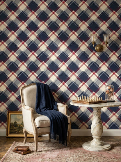 Kareli Duvar Kağıdı Lacivert Kırmızı Ekose Desenli Salon