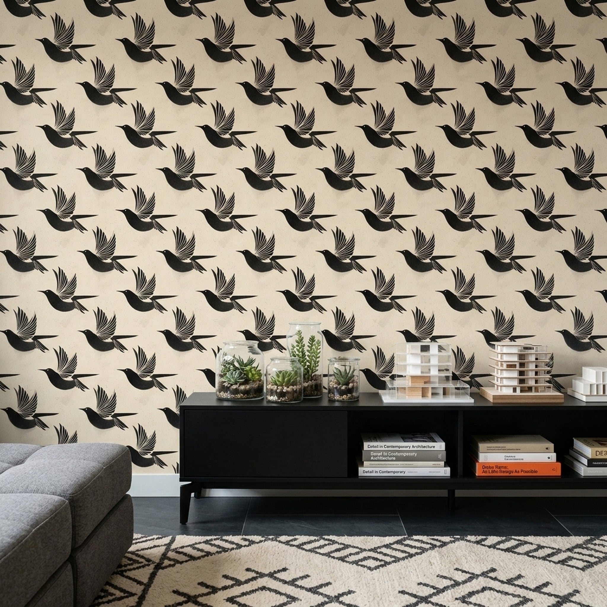 Uçan Kuş Desenli Duvar Kağıdı Siyah Bej Salon