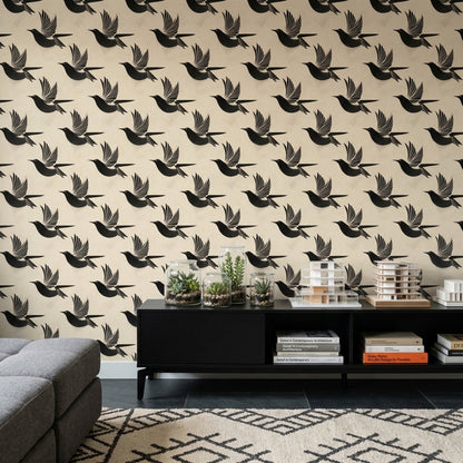 Uçan Kuş Desenli Duvar Kağıdı Siyah Bej Salon
