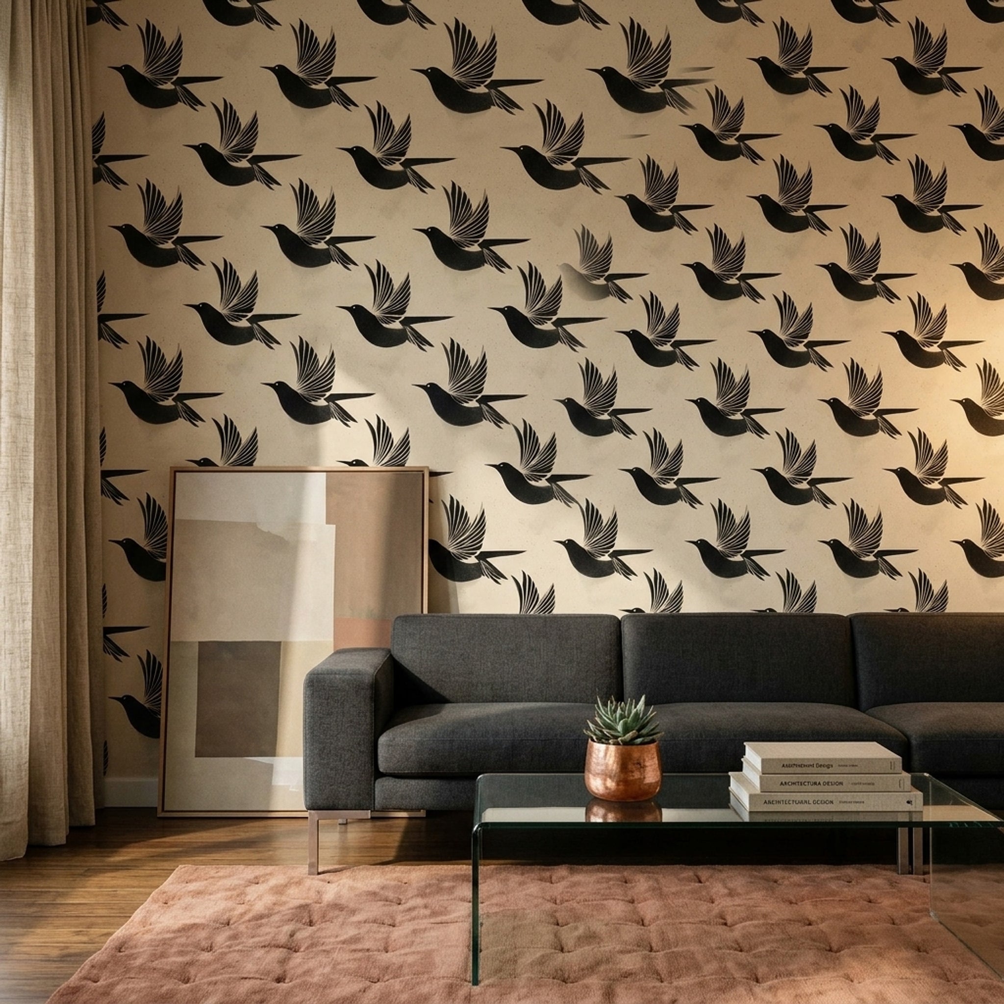 Uçan Kuş Desenli Duvar Kağıdı Siyah Bej Salon