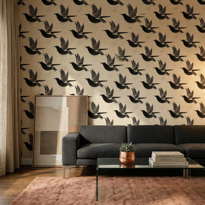 Uçan Kuş Desenli Duvar Kağıdı Siyah Bej Salon