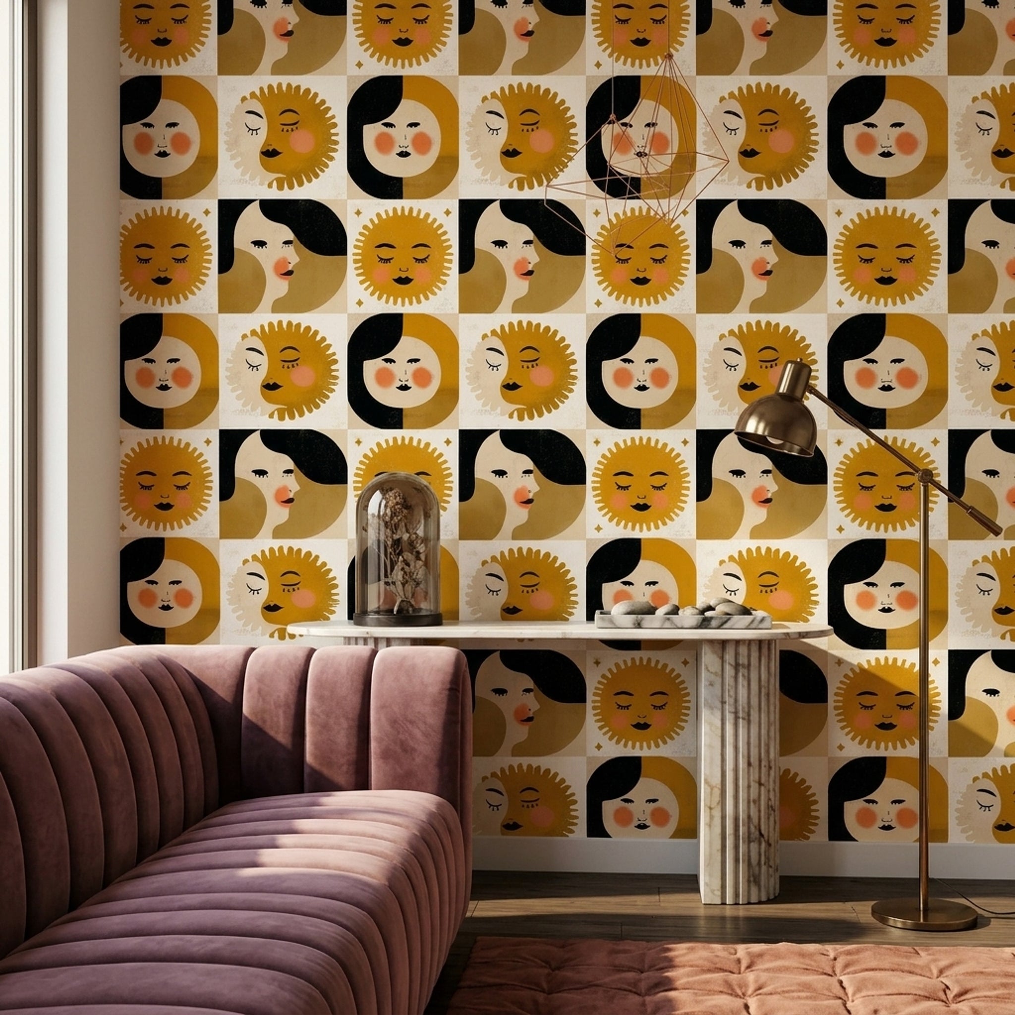 Güneş ve Ay Yüzlü Duvar Kağıdı Sarı Retro Salon