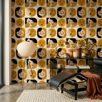 Güneş ve Ay Yüzlü Duvar Kağıdı Sarı Retro Salon
