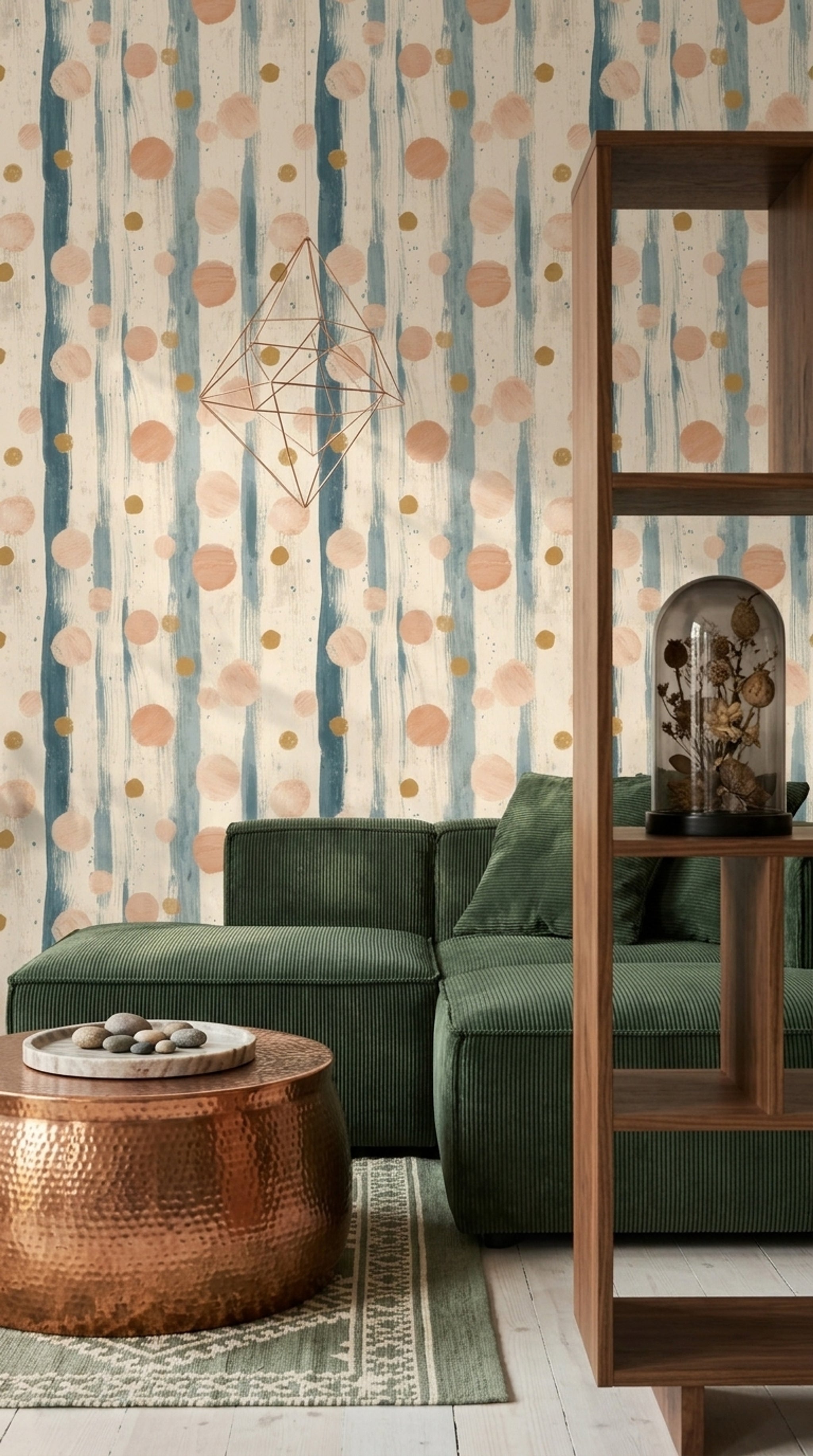 Soyut Çizgili ve Puantiyeli Duvar Kağıdı Mavi Salon