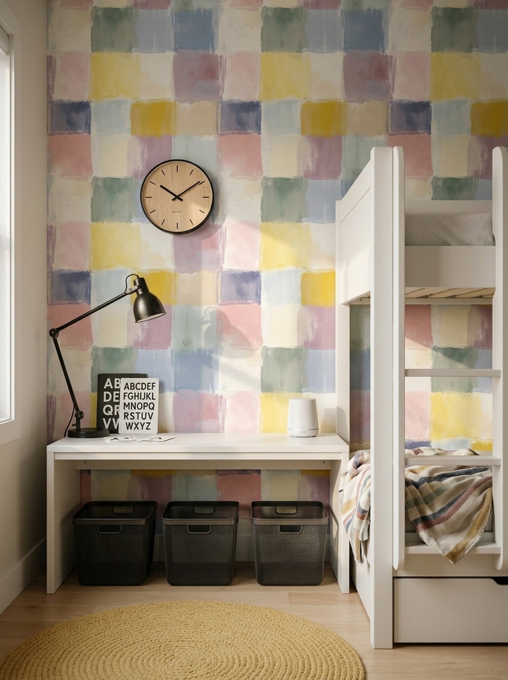 Renkli Kare Desenli Duvar Kağıdı Pastel Modern Yatak Odası