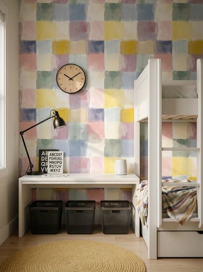 Renkli Kare Desenli Duvar Kağıdı Pastel Modern Yatak Odası
