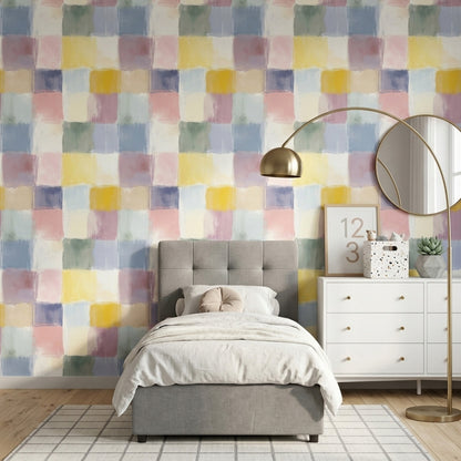 Renkli Kare Desenli Duvar Kağıdı Pastel Modern Yatak Odası