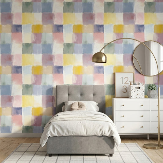 Renkli Kare Desenli Duvar Kağıdı Pastel Modern Yatak Odası