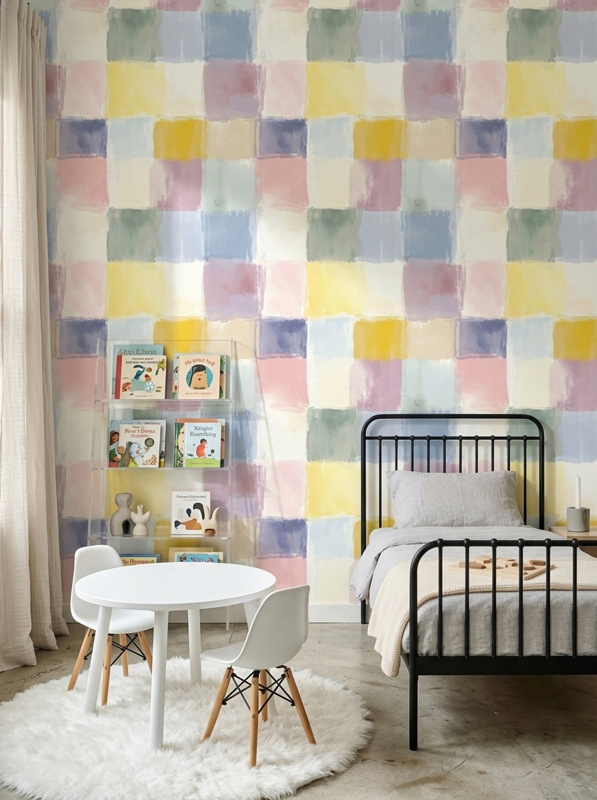 Renkli Kare Desenli Duvar Kağıdı Pastel Modern Yatak Odası
