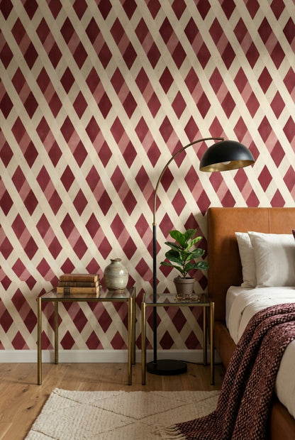 Bordo Baklava Desenli Duvar Kağıdı Retro Salon Dekoru
