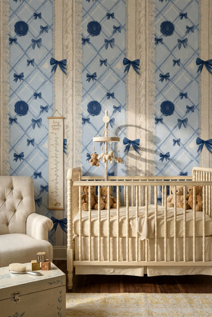 Mavi Fiyonklu Ekose Duvar Kağıdı Klasik Salon Deseni