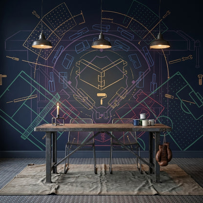 Mimari Çizim Poster Duvar Kağıdı Lacivert Teknik Desenli Ofis