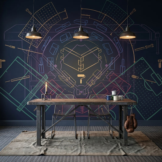 Mimari Çizim Poster Duvar Kağıdı Lacivert Teknik Desenli Ofis