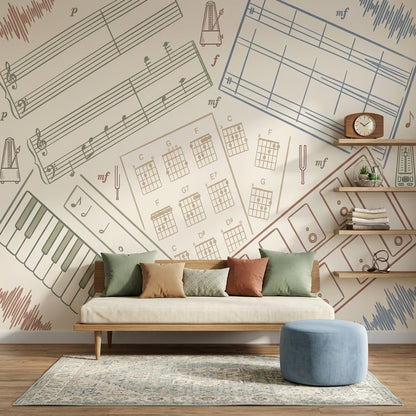 Müzik Notalı Poster Duvar Kağıdı Bej Fon Salon Dekoru