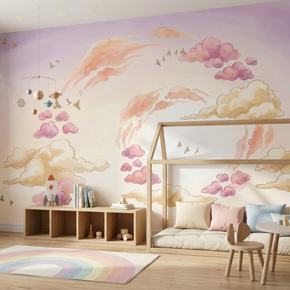 Pastel Bulut ve Kuşlu Poster Duvar Kağıdı Bebek Odası