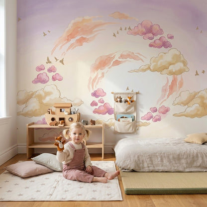 Pastel Bulut ve Kuşlu Poster Duvar Kağıdı Bebek Odası