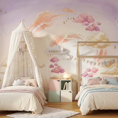 Pastel Bulut ve Kuşlu Poster Duvar Kağıdı Bebek Odası