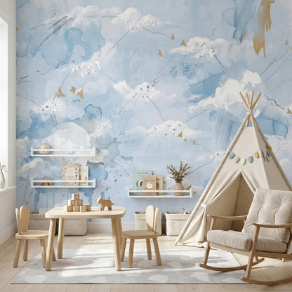 Bulut ve Kuşlu Poster Duvar Kağıdı Mavi Çocuk Odası