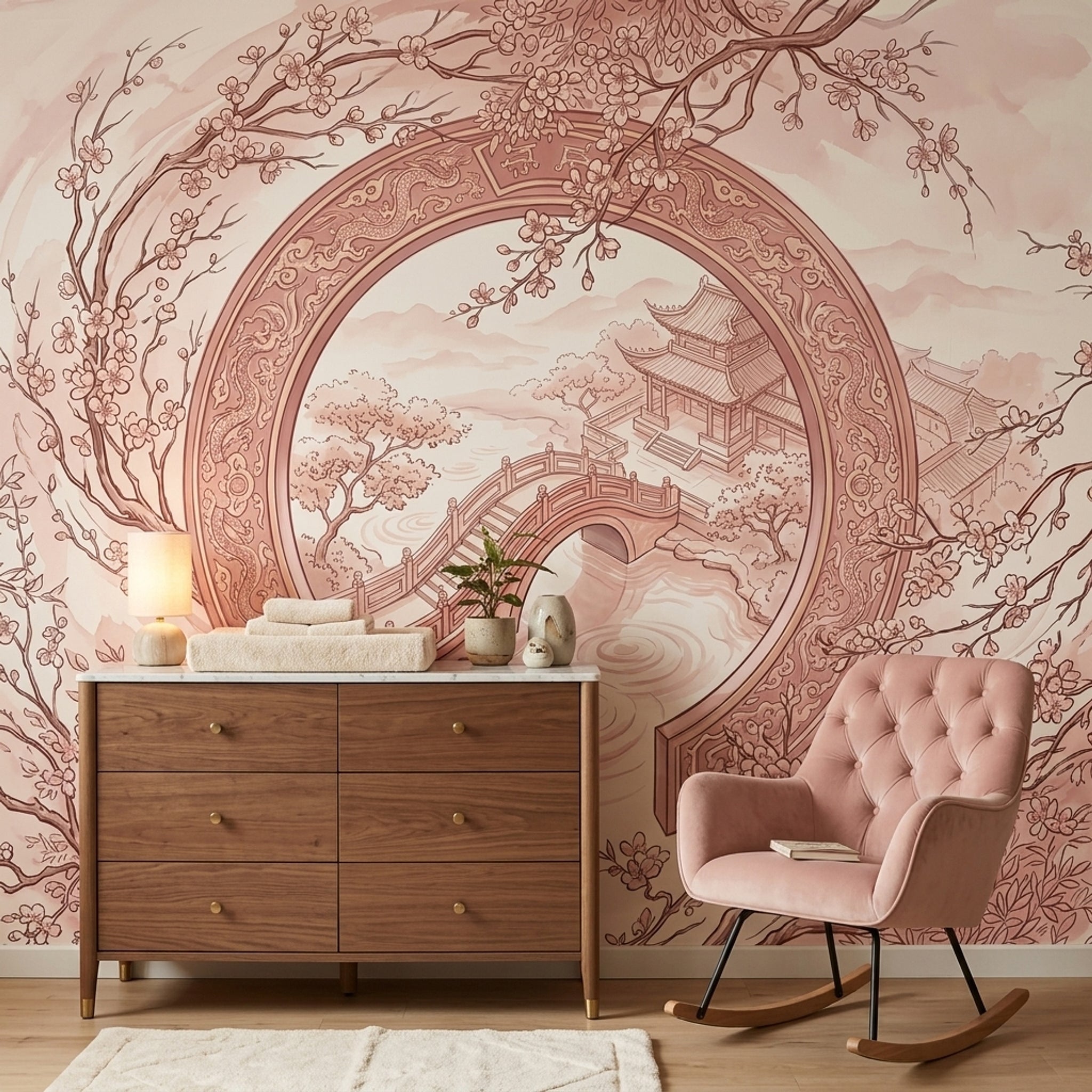 Japon Bahçesi Poster Duvar Kağıdı Pudra Pembe Çocuk Odası