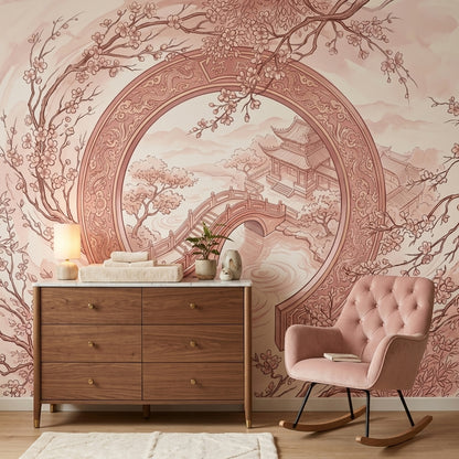 Japon Bahçesi Poster Duvar Kağıdı Pudra Pembe Çocuk Odası