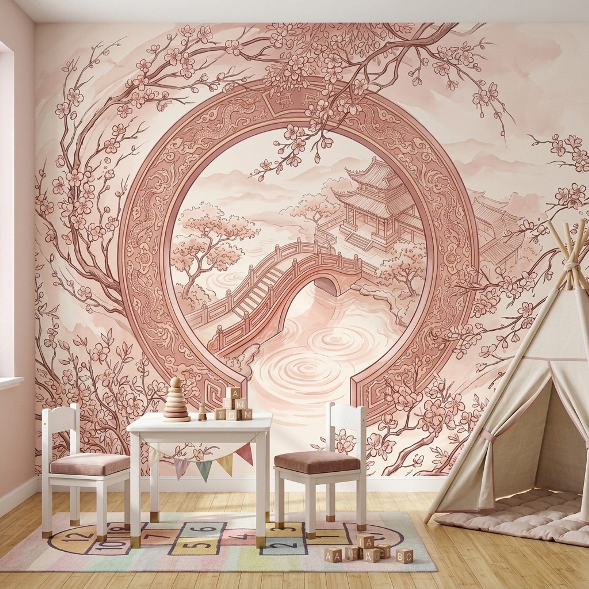 Japon Bahçesi Poster Duvar Kağıdı Pudra Pembe Çocuk Odası