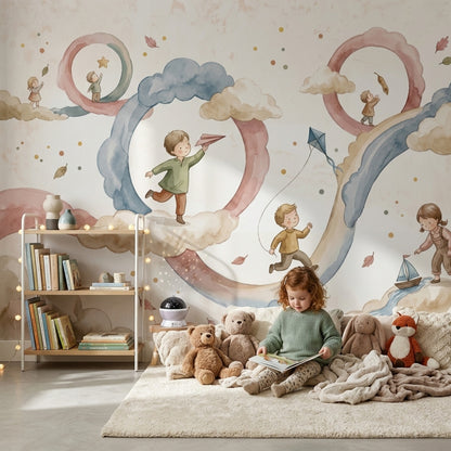 Uçurtmalı Bulutlu Çocuk Odası Poster Duvar Kağıdı Pastel
