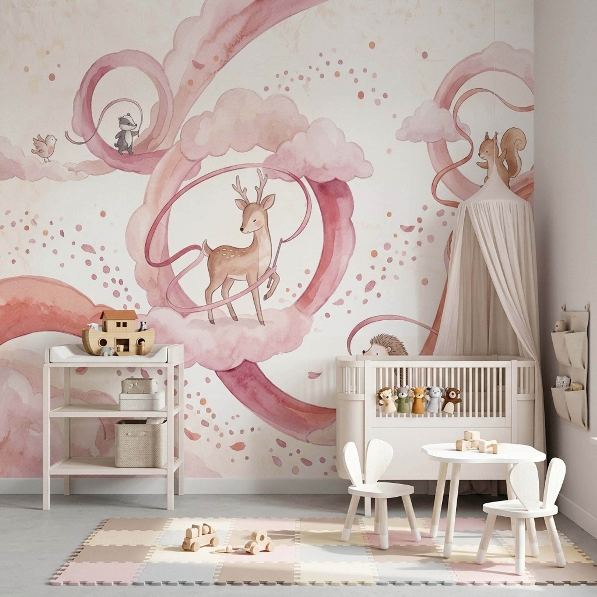 Pembe Bulutlu Orman Hayvanları Poster Duvar Kağıdı Çocuk Odası