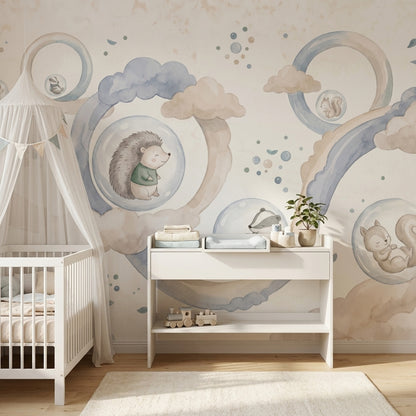 Baloncuk İçinde Hayvanlı Poster Duvar Kağıdı Mavi Bebek Odası