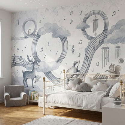 Müzik Notalı Sevimli Hayvanlı Poster Duvar Kağıdı Gri Çocuk Odası