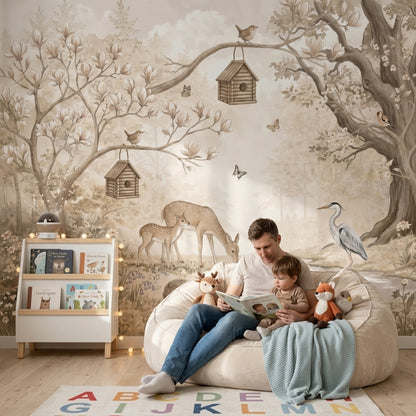 Orman Hayvanlı Poster Duvar Kağıdı Bej Çocuk Odası