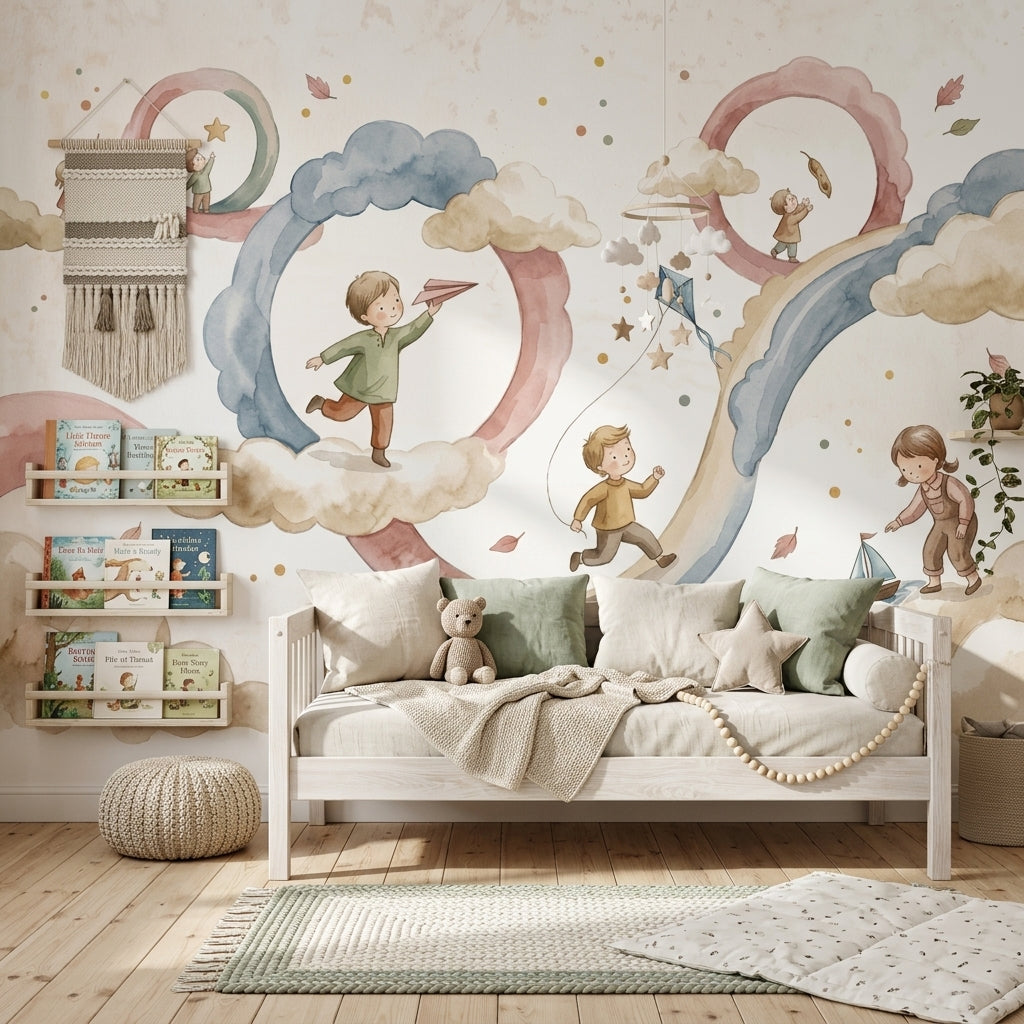Uçurtmalı Bulutlu Çocuk Odası Poster Duvar Kağıdı Pastel