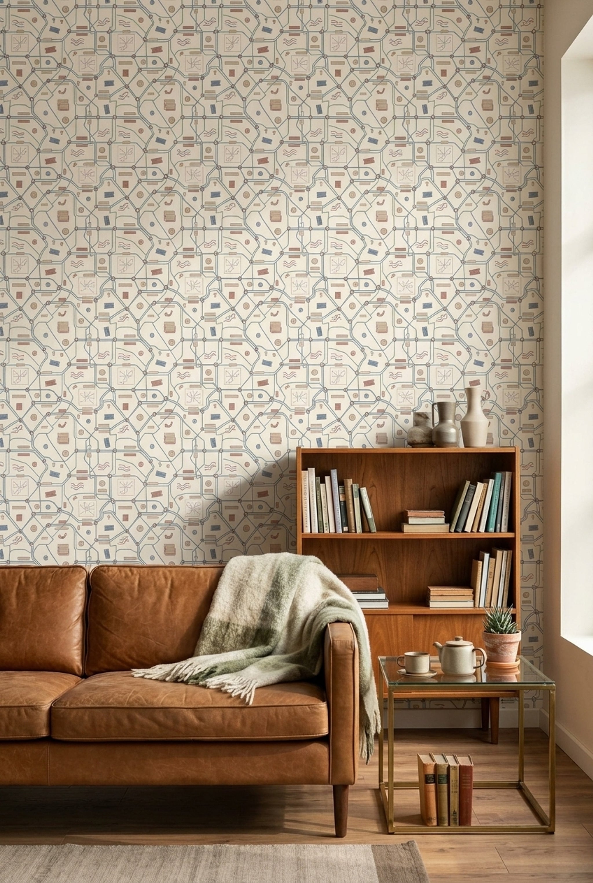Geometrik Karo Desenli Duvar Kağıdı Bej Mavi Salon