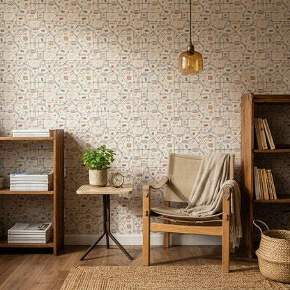 Geometrik Karo Desenli Duvar Kağıdı Bej Mavi Salon
