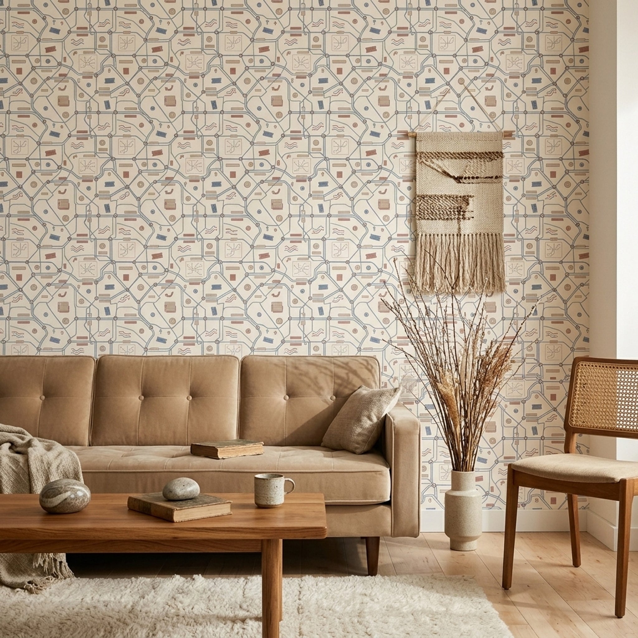 Geometrik Karo Desenli Duvar Kağıdı Bej Mavi Salon